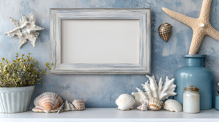 Coastal Frame Mockup: Blank rustic gray frame mockup adorned with seashells, starfish, and coastal plants against a textured blue wall. Perfect for showcasing your artwork or design.