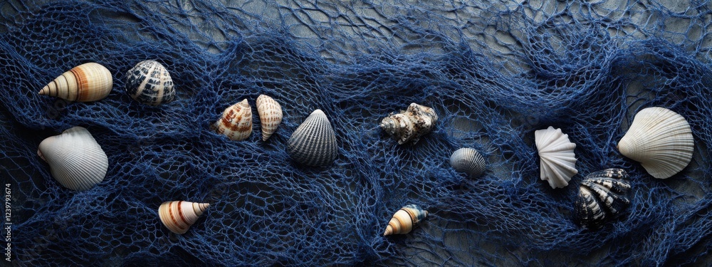 Poster marine tangle, deep dark blue netting entwined with seashells, forming an intricate coastal design o