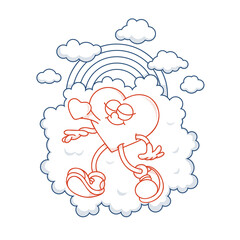 Heart mascot in retro groovy style. Valentine's Day vintage heart character crazy in love. Rainbow, clouds