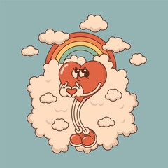 Heart mascot in retro groovy style. Valentine's Day vintage heart character crazy in love. Rainbow, clouds, arrow