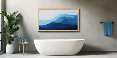 Serene Bathroom Retreat: An abstract blue landscape painting adds a touch of tranquility to a modern bathroom design, complementing a freestanding bathtub and minimalist decor.