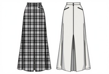 Plaid Maxi Skirt CAD Mockup: Technical Fashion Flat, Front Slit, Side Zipper, Front and Back Views, Women’s Template, White & Grey, Detailed Technical Drawing, Garment Illustration Set.
