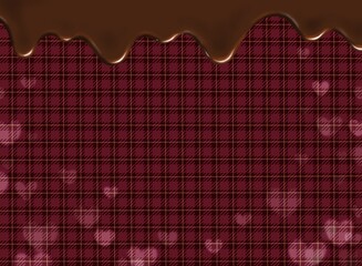 溶けて垂れるチョコレートとハートとボルドーカラーのチェック柄のガーリーな背景