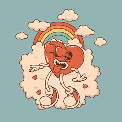 Heart mascot in retro groovy style. Valentine's Day vintage heart character crazy in love. Rainbow, clouds, arrow