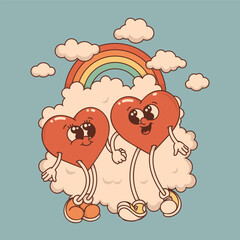 Heart mascot in retro groovy style. Valentine's Day vintage heart character crazy in love. Rainbow, clouds