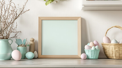 Easter Mockup: Pastel Easter eggs, spring branches, and a light wooden frame create a serene Easter scene, perfect for showcasing your design or photography.