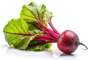 Low-light beetroot photography:  A striking, isolated PNG of vibrant beetroot with leaves.