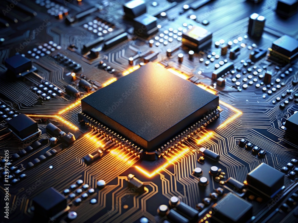 Poster low light illuminates a microscopic world: a detailed close-up of a black computer chip's intricate 
