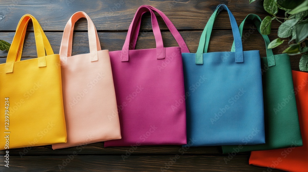 Poster vibrant canvas tote bag mock-up on rustic wood, displaying a range of colors and patterns, emphasizi