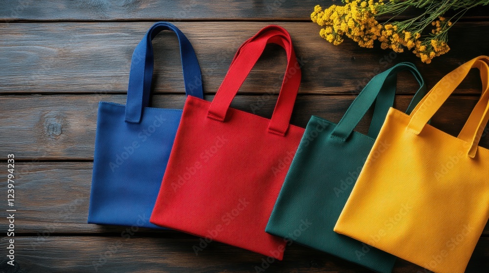 Poster vibrant canvas tote bag display on wooden background, showcasing an array of colors and designs, hig