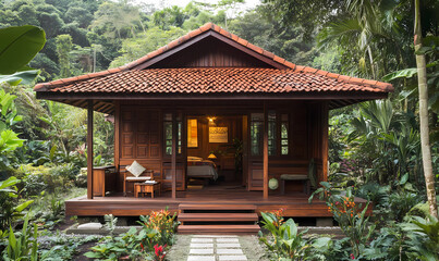 Bungalow Made of Teak Wood with a Traditional Design, Perfect for Relaxed Tropical Living
