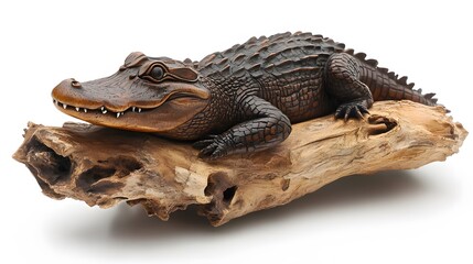 Fototapeta premium Alligator Sculpture Carved in Rustic Wood, on White Background, Abstract Image, Texture, Pattern Background, Wallpaper, Cover and Screen of Smartphone, PC, Laptop, 9:16 and 16:9 Format