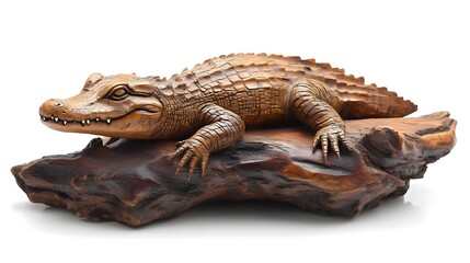Naklejka premium Alligator Sculpture Carved in Rustic Wood, on White Background, Abstract Image, Texture, Pattern Background, Wallpaper, Cover and Screen of Smartphone, PC, Laptop, 9:16 and 16:9 Format