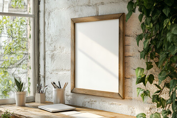 Wooden Frame Mockup: A rustic wooden frame mockup on a desk near a window, showcasing a blank canvas perfect for showcasing your artwork, design, or photography.