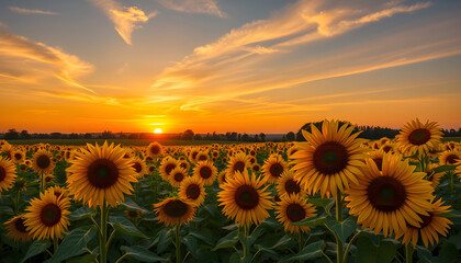 Obraz premium Beautiful sunset over sunflowers field, clipart style. isolated with white shades