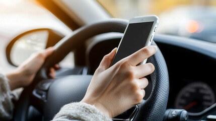 Woman using smartphone while driving, distracted driving concept
