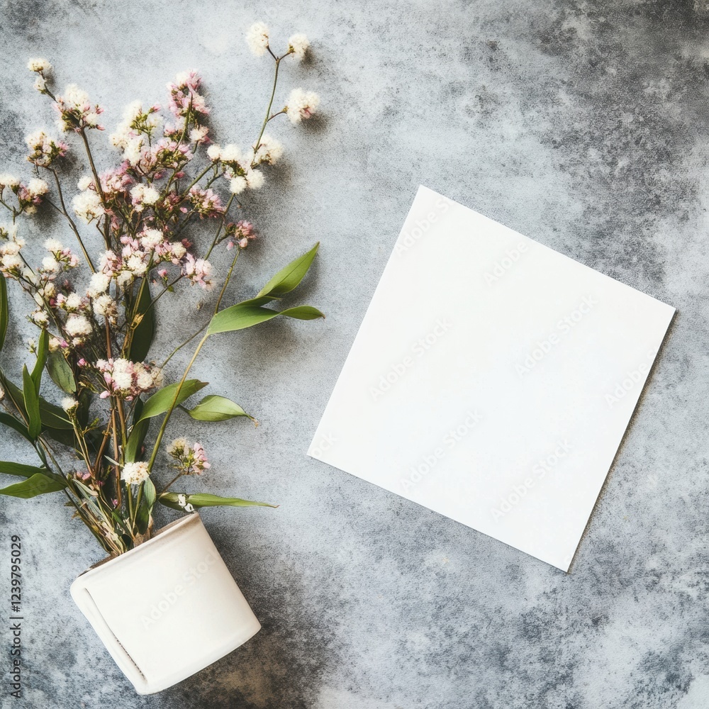 Aufkleber Delicate flowers in a vase beside blank square paper on a textured gray surface. Generative AI