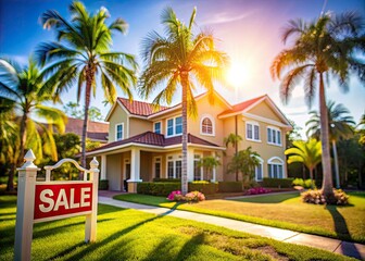 Obraz premium Luxury suburban retreat. Picture-perfect palm trees and sun-kissed bokeh. Your dream home awaits.