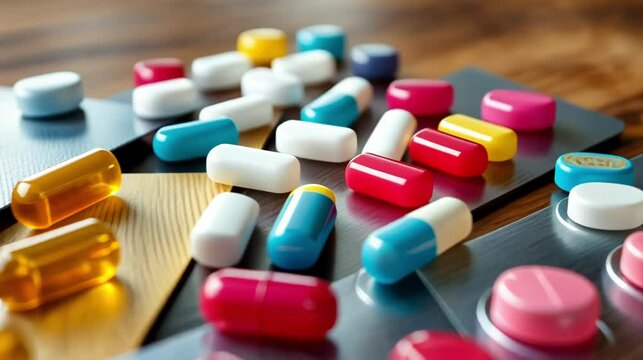 An array of colorful medicine capsules and tablets on a wooden surface, showcasing various shapes and sizes.