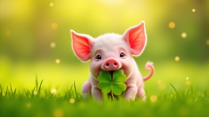 A cheerful pig holding a lucky four-leaf clover in a sunlit meadow. Golden sparkles highlight the clover’s magic, symbolizing prosperity, happiness, and good fortune.