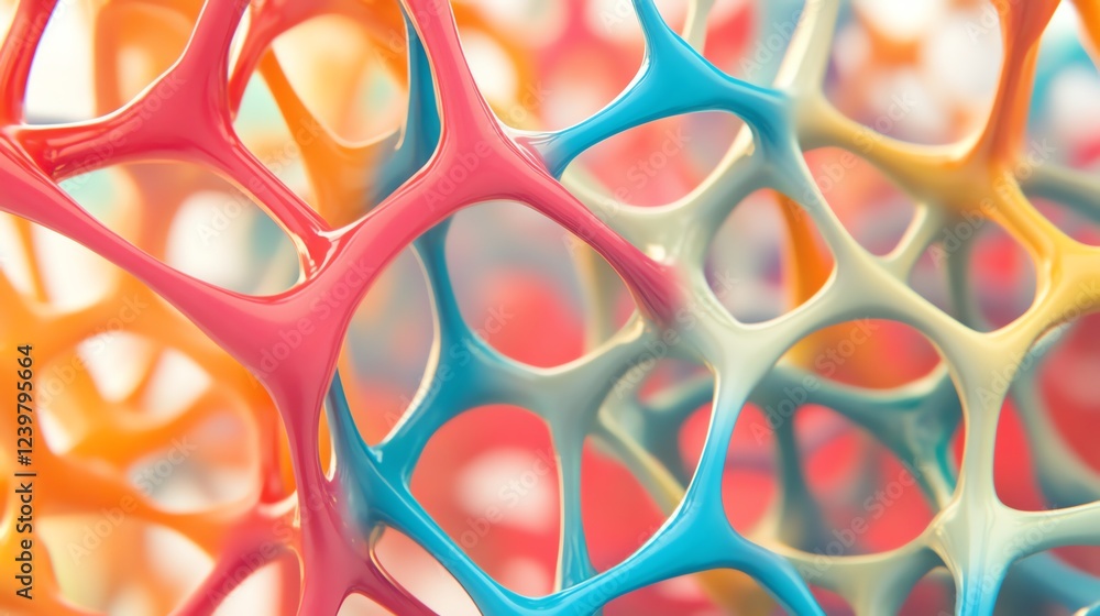 Poster colorful abstract structure showcasing interconnected cells and shapes in a modern design context