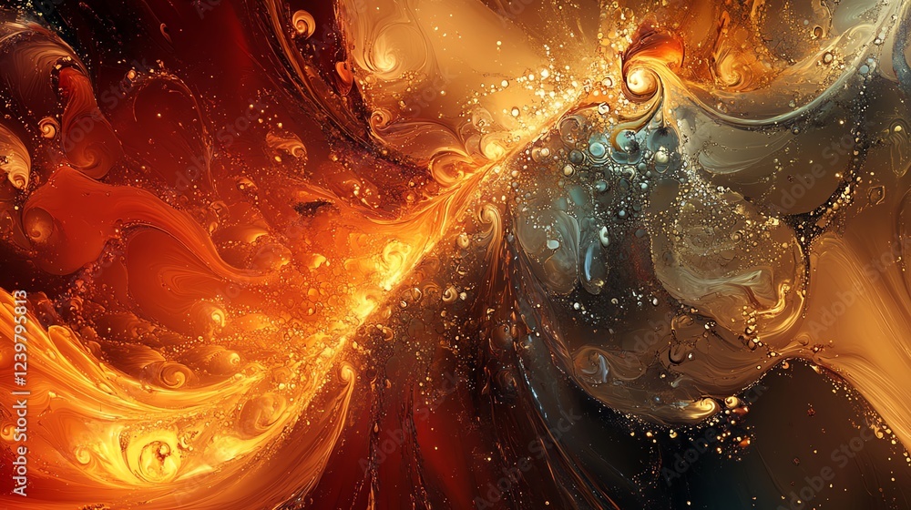 Poster swirling abstract patterns of orange, gold, and blue with intricate details creating a vivid visual 