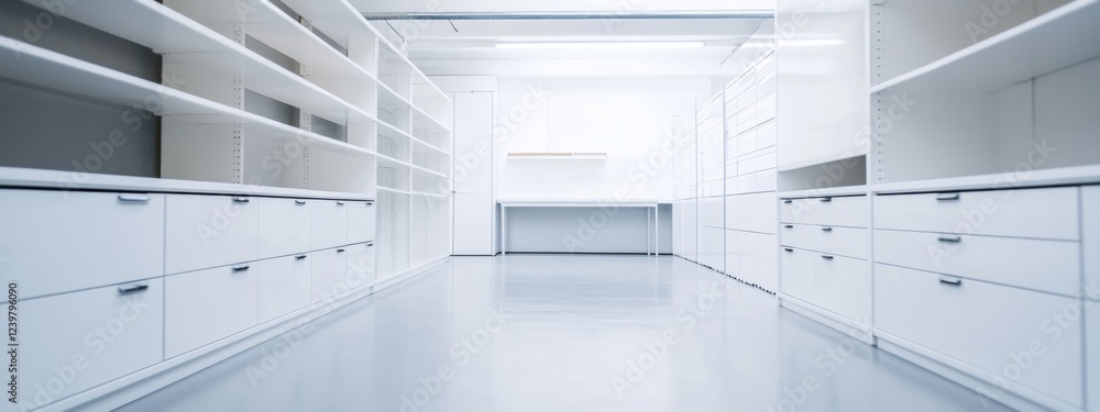 Poster efficiently organized bright storage space, pristine white walls, streamlined compartments, maximizi