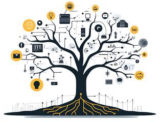 The Tree of Technology: A stylized tree with branching roots and leaves represents the interconnectedness of technology, with various icons symbolizing different elements of digital innovation.  