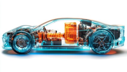 Transparent electric car cutaway showcasing internal components.
