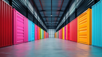 Fototapeta premium Vibrant storage facility with neatly stacked containers, dynamic lighting, and a clean organized atmosphere