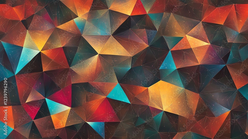 Poster brightly colored geometric patterns create a vibrant backdrop filled with sharp angles and contrasti