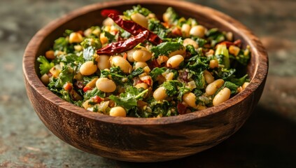 Delicious White Beans and Kale Salad in a Wooden Bowl