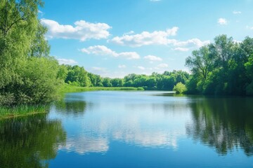 Fototapeta premium Serene lake surrounded by lush greenery under a clear blue sky on a calm sunny day. Generative AI
