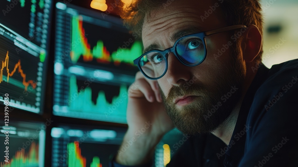 Poster focused trader analyzing stock market data on multiple screens