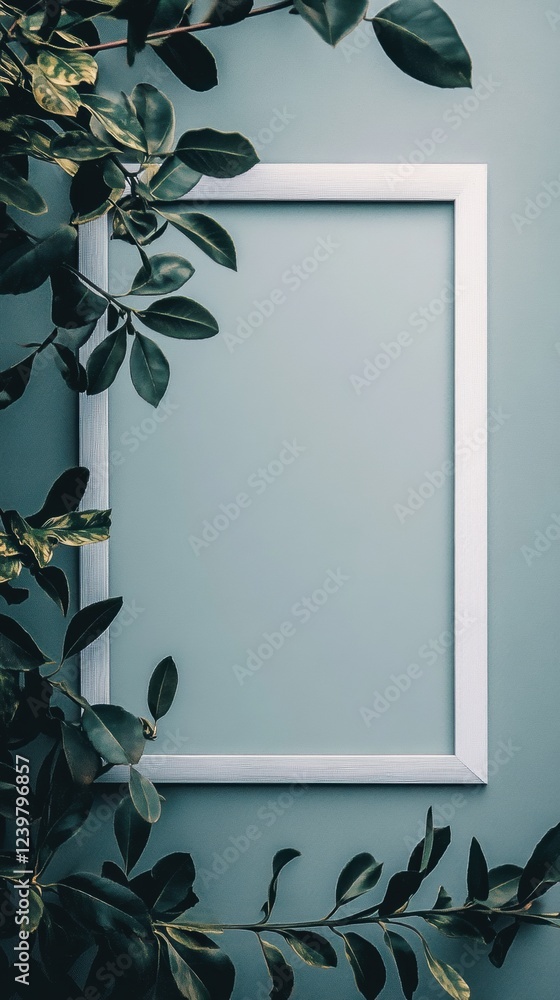 Aufkleber empty white frame surrounded by lush green leaves against a soft blue background. generative ai