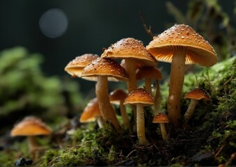 Fototapeta premium Macro Small Mushrooms on Dark Background. High-Detail Photography for Art and Nature Design. Educational and Scientific Use 