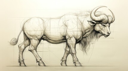 Detailed pencil sketch of a wildebeest in profile view, showcasing its muscular structure and textured fur.