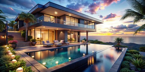Fototapeta premium Modern coastal architecture: breathtaking ocean views captured in luxurious bokeh home photography.