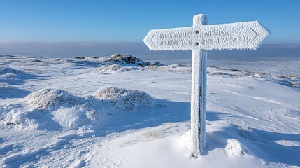 Frosty winter signpost on snowy mountain peak with clear blue sky.