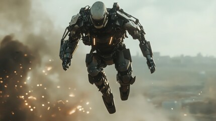 Futuristic Combat Robot in Mid-Air Engaged in a Military Battlefield Scenario