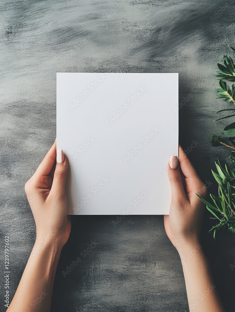 Poster hands holding a blank square paper against a textured gray background with green leaves nearby. gene