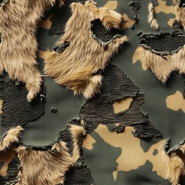 Ripped Camouflage Fatigues with Fur Seamless Pattern Texture