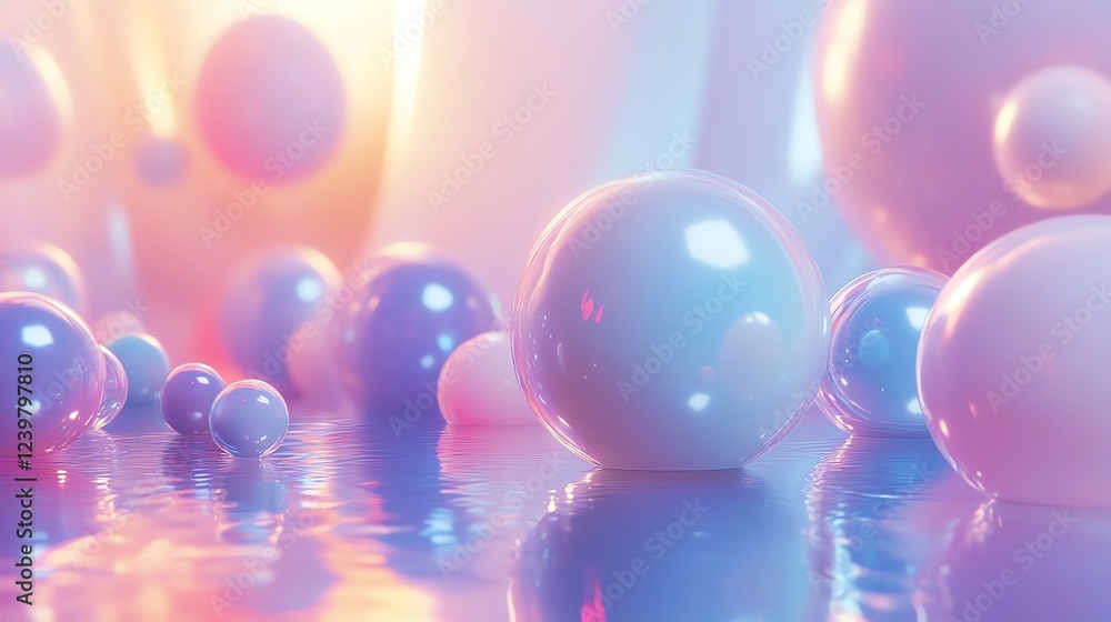 Poster colorful translucent spheres reflect light on a glossy surface in an abstract setting at dawn