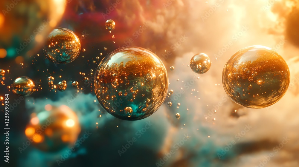 Poster floating golden bubbles against a colorful cosmic backdrop create a dreamy atmosphere in a surreal v