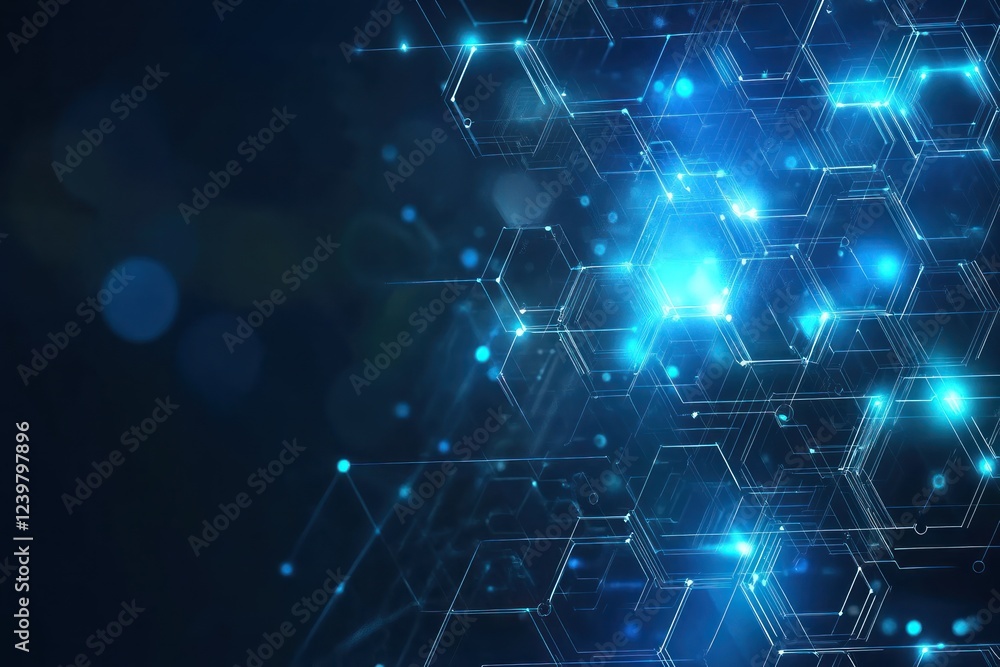 Poster abstract glowing geometric network with light nodes on dark background, suitable for tech presentati