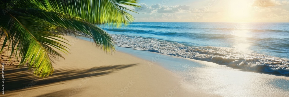 Poster breezy tropical beach along the coast at sunrise with gentle waves and lush palm trees swaying in th