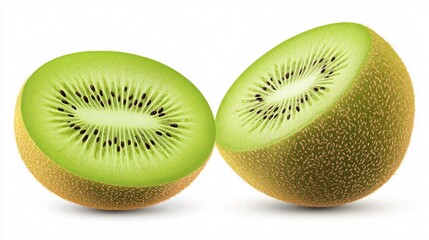 Whole and Halved Kiwi: Green Tropical Fruit with Edible Black Seeds and Fuzzy Brown Skin
