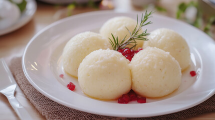 A plate of fluffy cheese dumplings served with red currants and a sprig of greens on white tableware