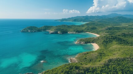 Aerial View Of Tropical Coastline With Turquoise Water And Lush Greenery