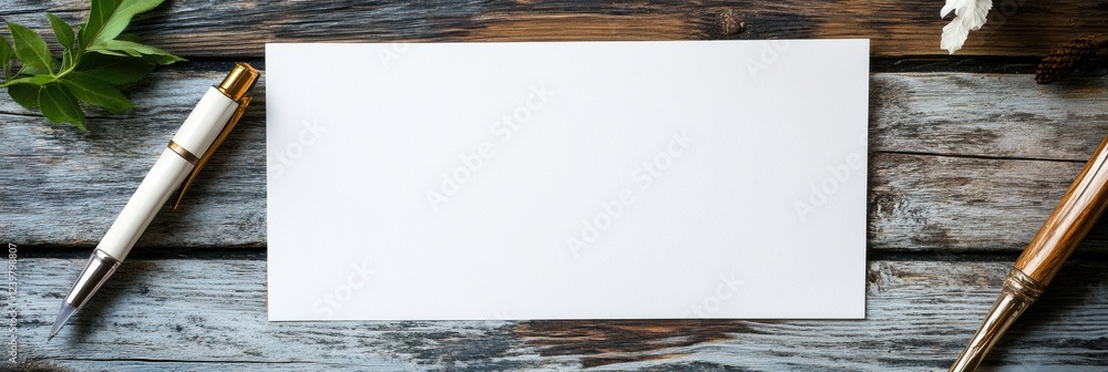 Poster Elegant workspace with blank card, pens, and natural elements set on rustic wooden surface. Generative AI